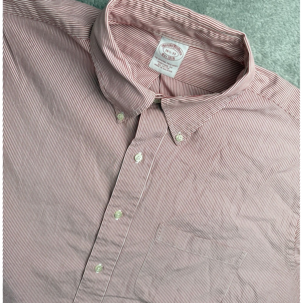 Brooks Brothers Shirt Mens 16.5" XL Red Striped Button Up Cotton Traditional Fit